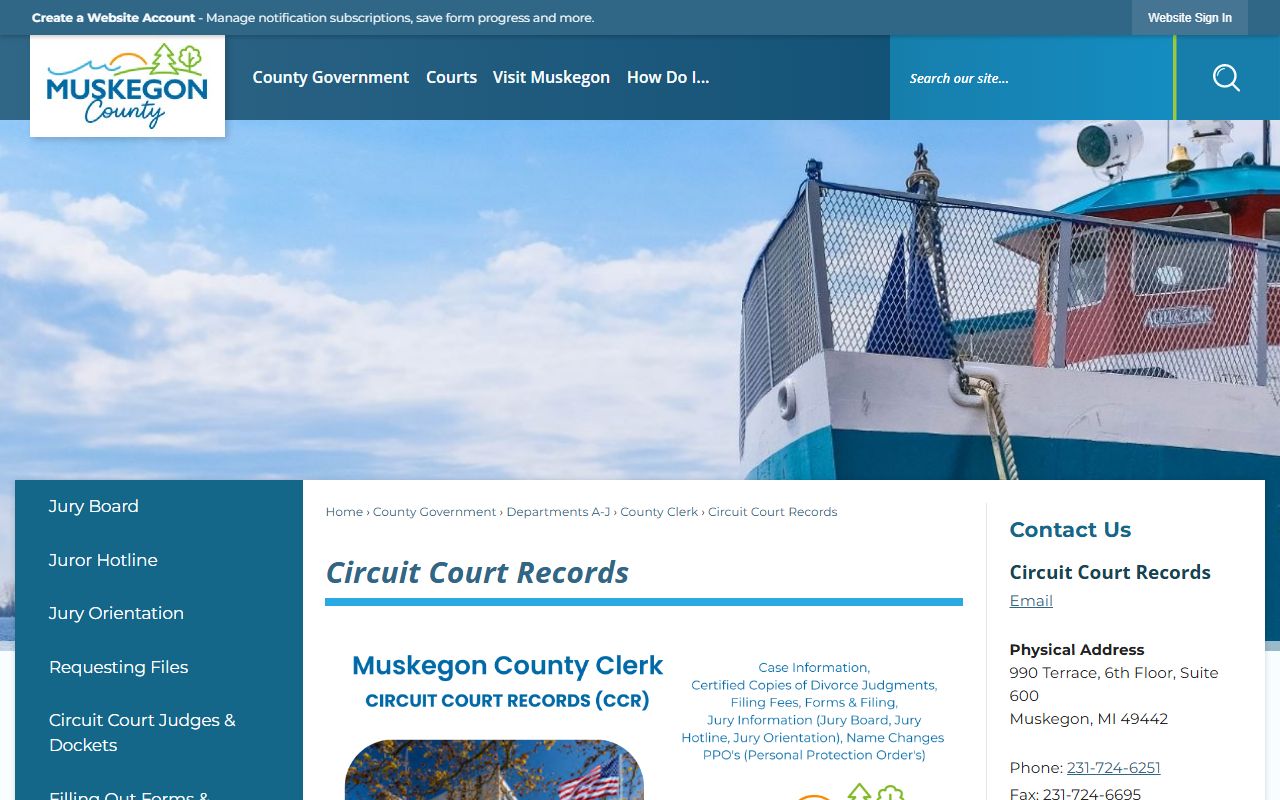 Muskegon County Circuit Court Records division page for court records and certified copies