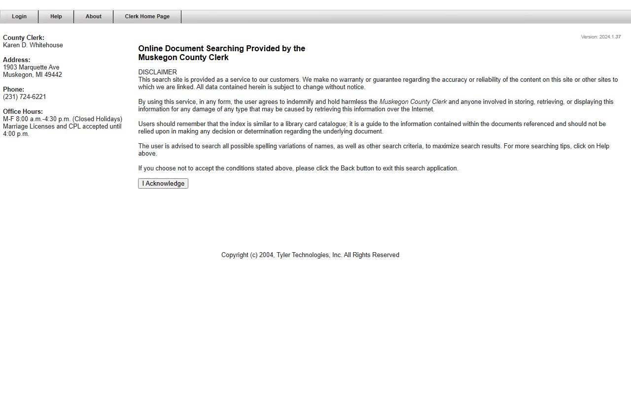 Muskegon County Clerk Tyler online document search portal disclaimer for clerk records