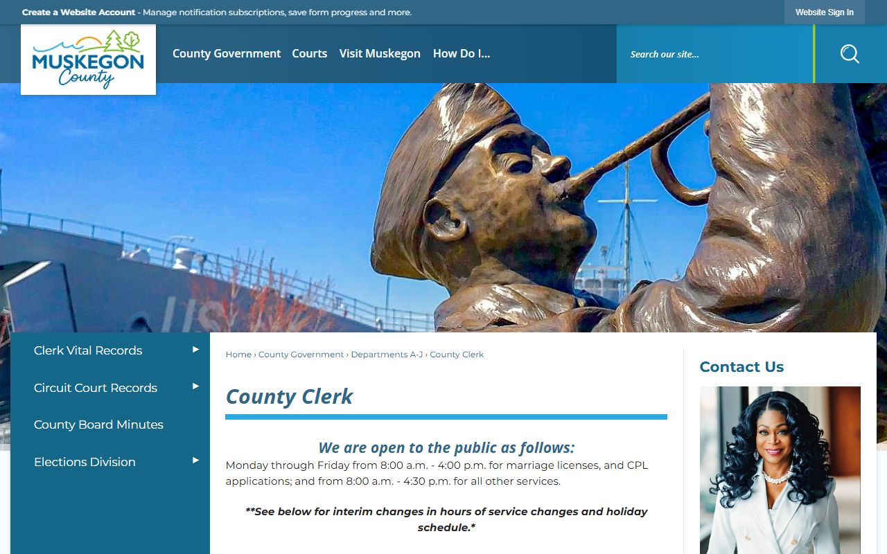 Muskegon County Clerk office page with clerk records contact and hours