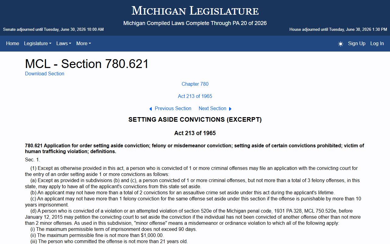Muskegon County criminal record set-aside statute MCL 780.621
