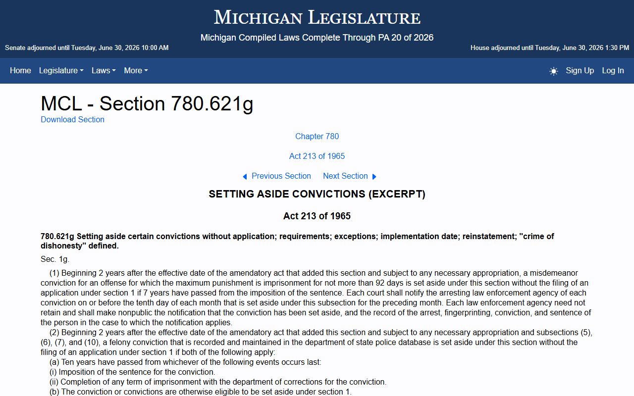 Muskegon County automatic set-aside statute MCL 780.621g Clean Slate