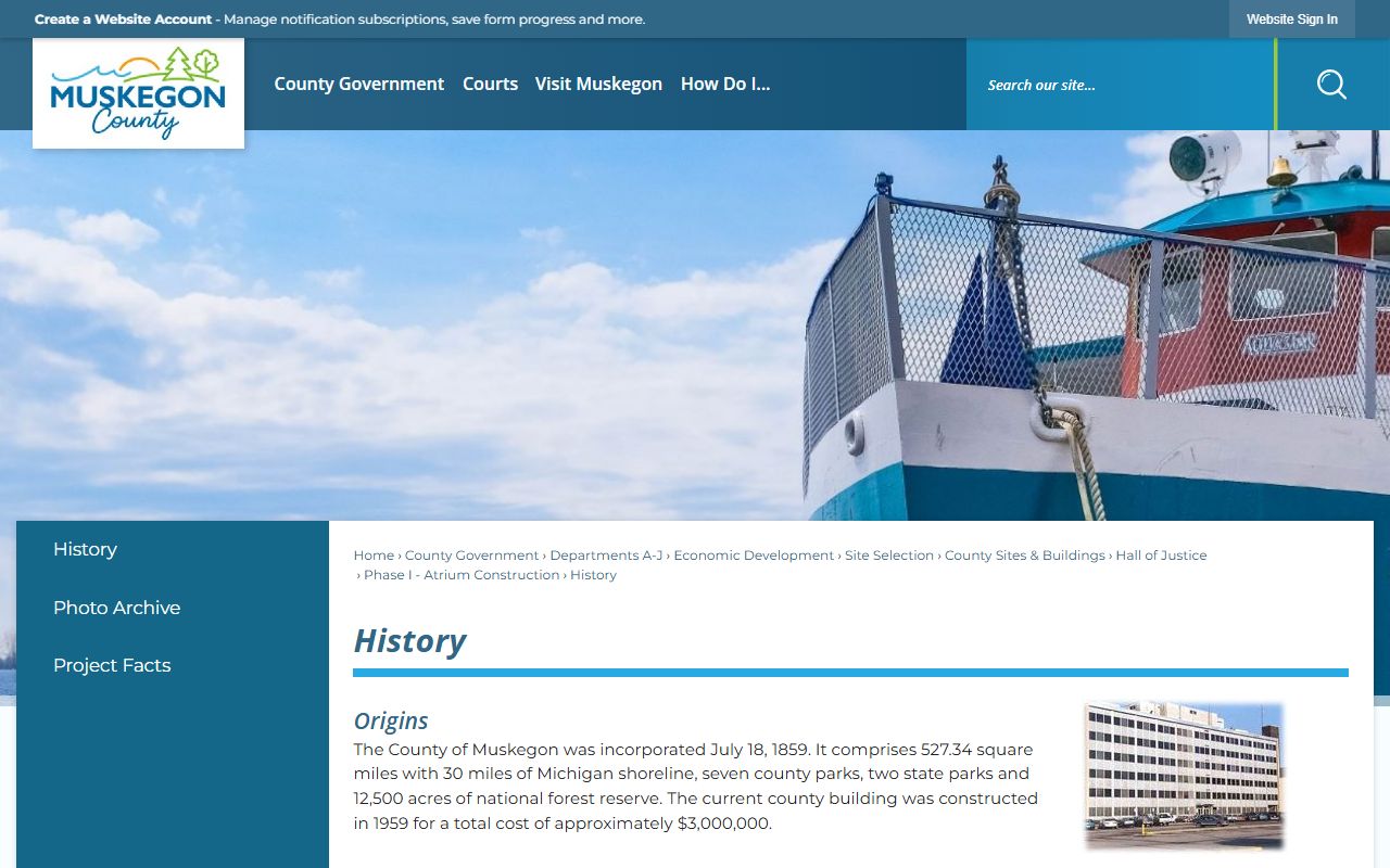 Muskegon County history page behind its court records system