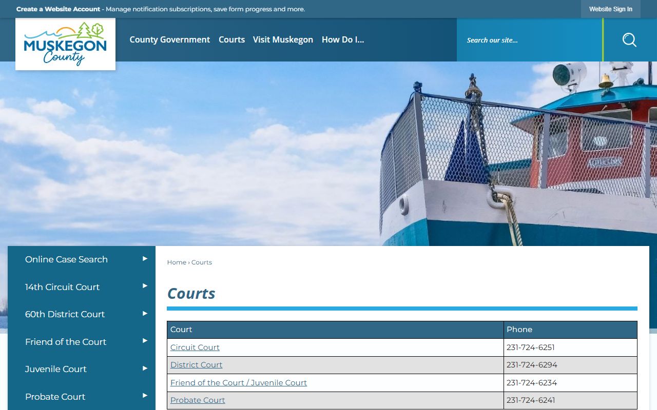 Muskegon County courts page listing court record types