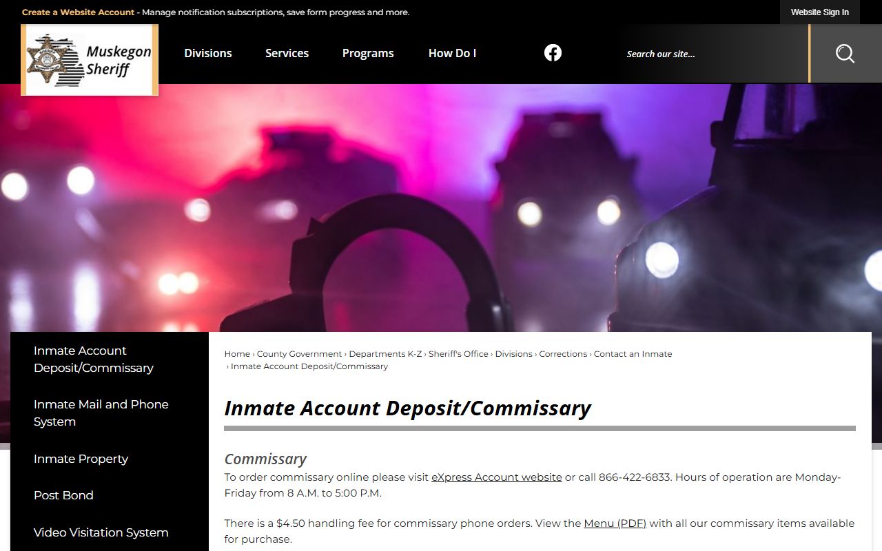 Muskegon County inmate commissary and deposit account page