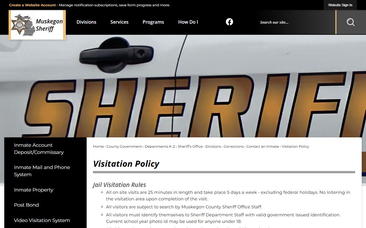 Muskegon County jail inmate visitation policy page
