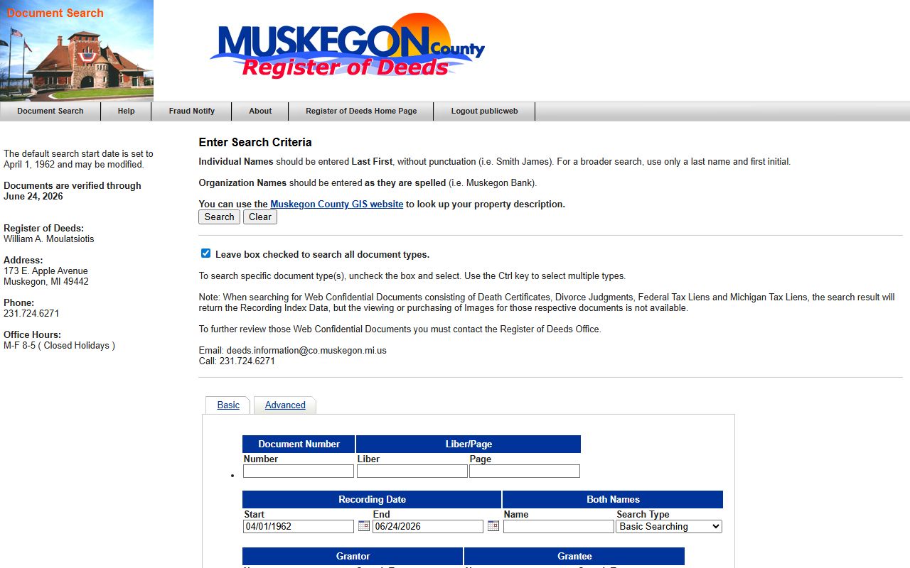 Muskegon County Register of Deeds probate records document search portal