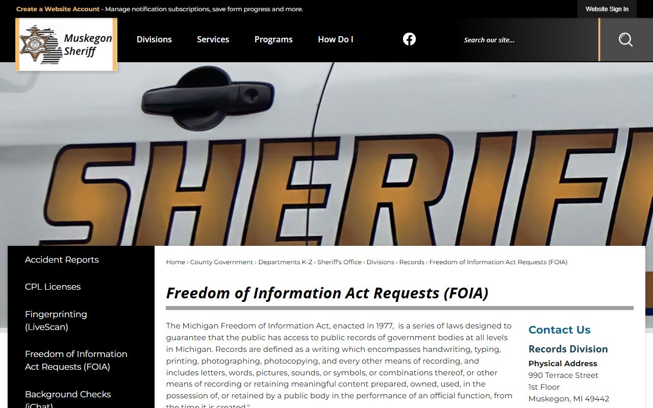 Muskegon County Sheriff warrant records FOIA page
